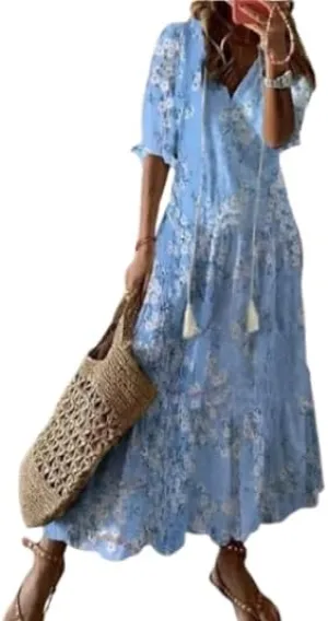 Women's V-Neck Floral Maxi Dress Ruffled Half Sleeves Loose Beach Casual Summer Long Dress with Fringed Drawstring