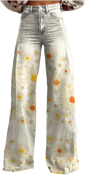Womens Vintage Wide Leg Fashion High Waisted Casual Denim Pants 90s Floral Printed Pull On Baggy Trousers 2