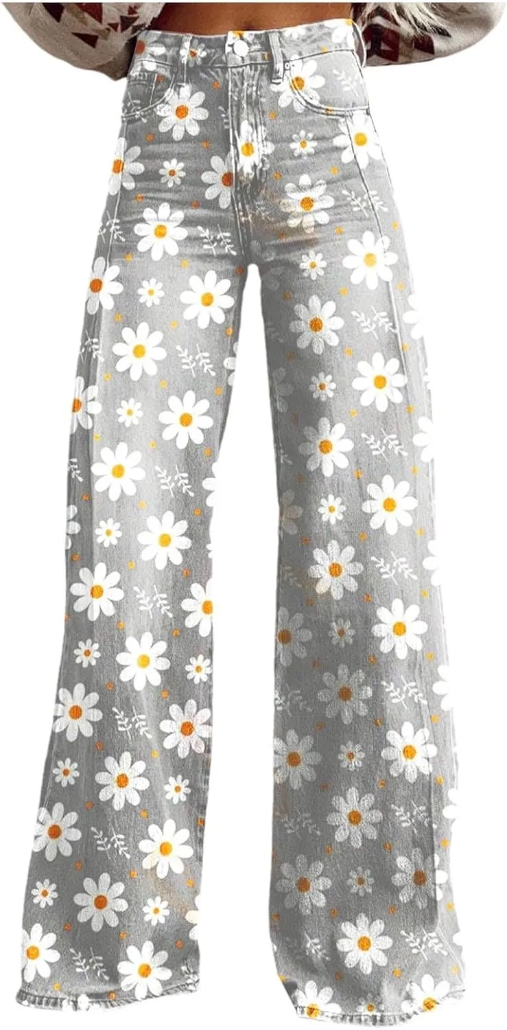 Womens Vintage Wide Leg Fashion High Waisted Casual Denim Pants 90s Floral Printed Pull On Baggy Trousers 3