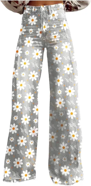 Womens Vintage Wide Leg Fashion High Waisted Casual Denim Pants 90s Floral Printed Pull On Baggy Trousers 3
