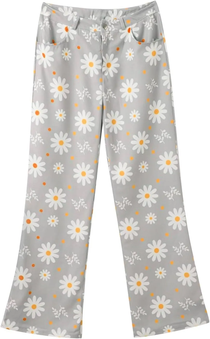 Womens Vintage Wide Leg Fashion High Waisted Casual Denim Pants 90s Floral Printed Pull On Baggy Trousers 3
