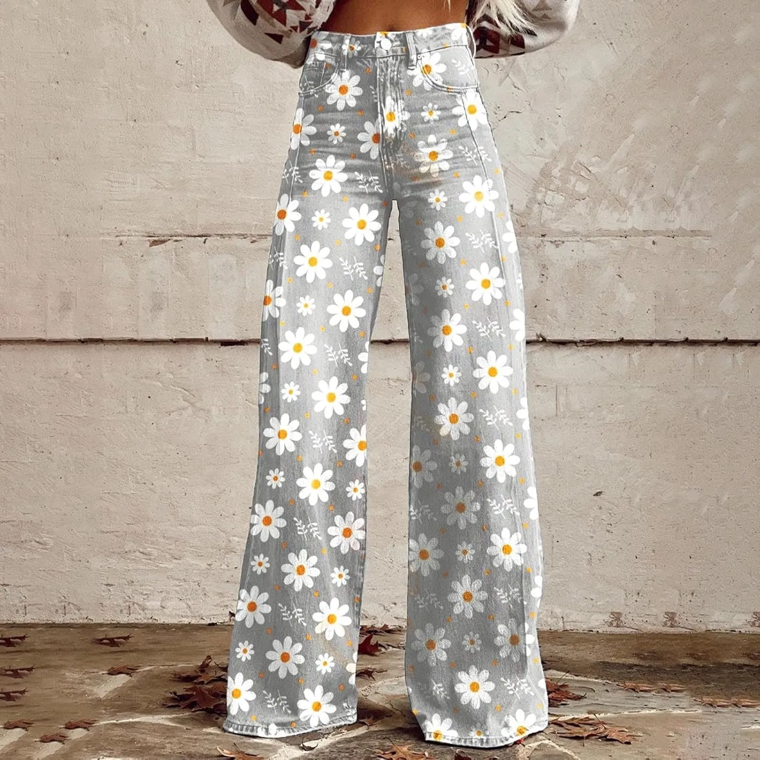 Womens Vintage Wide Leg Fashion High Waisted Casual Denim Pants 90s Floral Printed Pull On Baggy Trousers 3