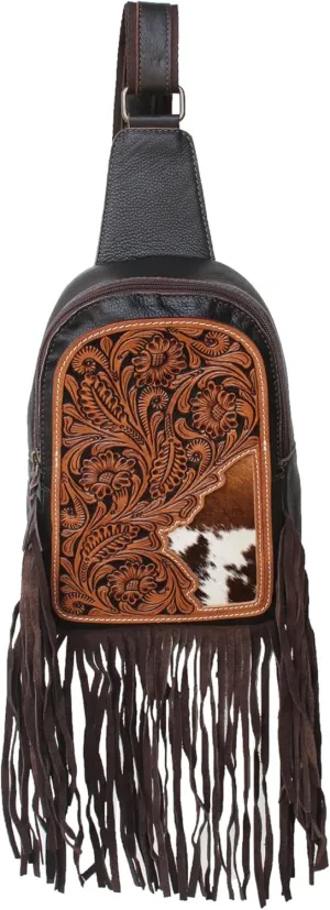 Women's Western Floral Tooled Cowhide Leather Adjustable Crossbody Sling Bag Purse 18FKB