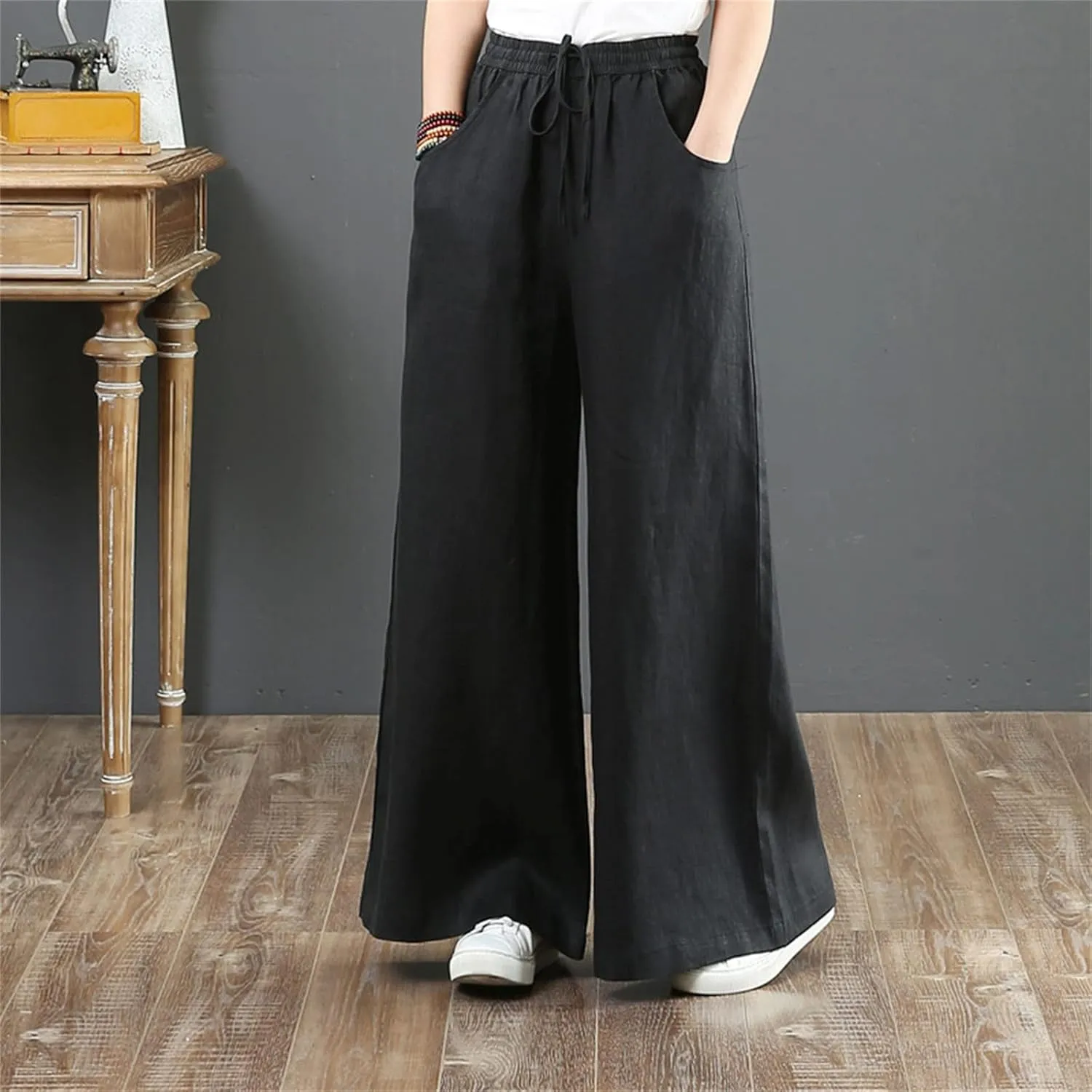 Womens Wide Leg Pants Dressy Comfy Loose Flowy Cotton Linen Pants Summer Casual Beach High Waisted Palazzo Trousers