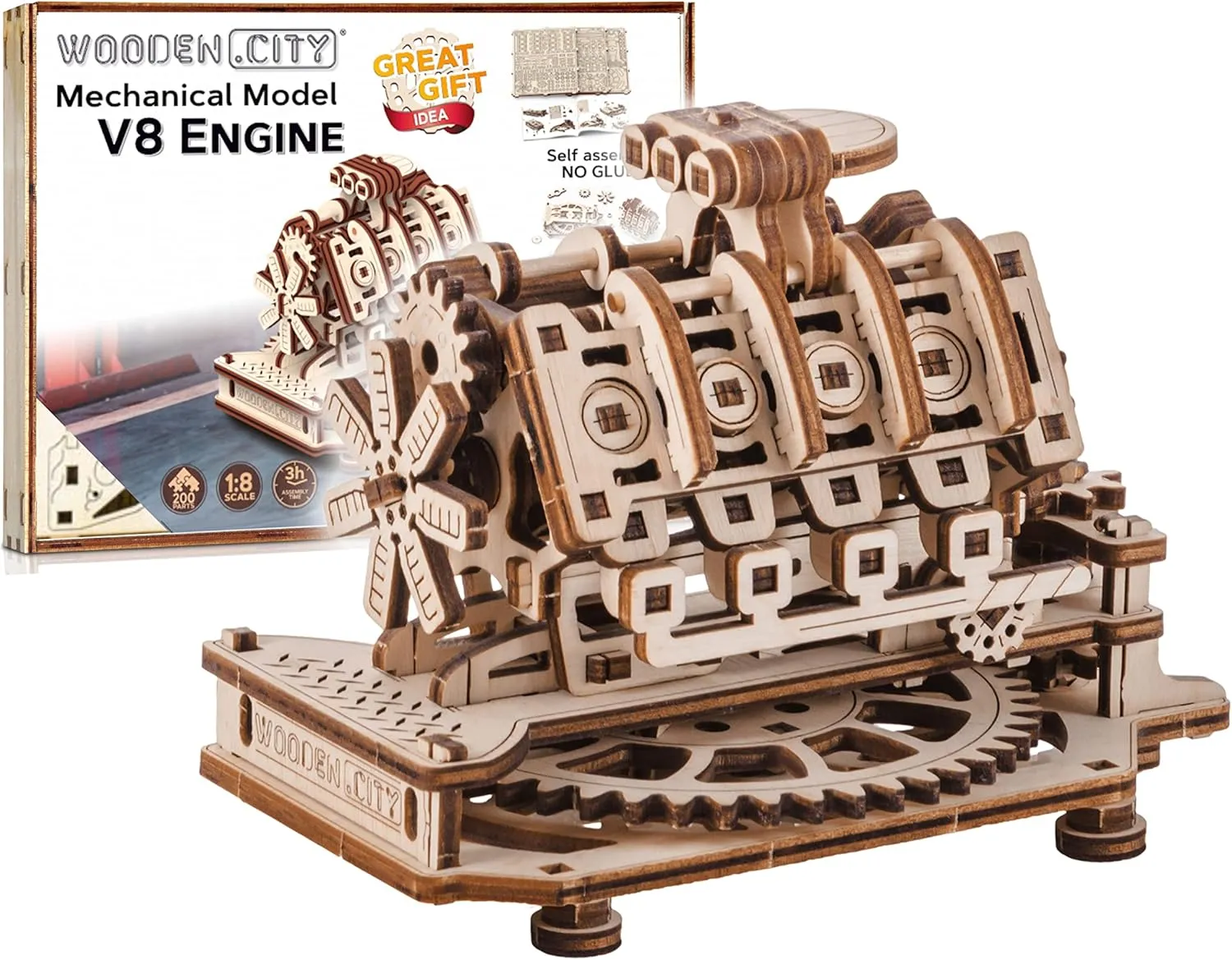 WOODEN.CITY Wood Engine Model Kit 3D Puzzle - 3D Wooden Puzzle Model Engine Kit for Adults - V8 Engine Model Kit That Works 3D Wooden Puzzles for Adults - Model Engine Working 3D Wood Puzzles Adult
