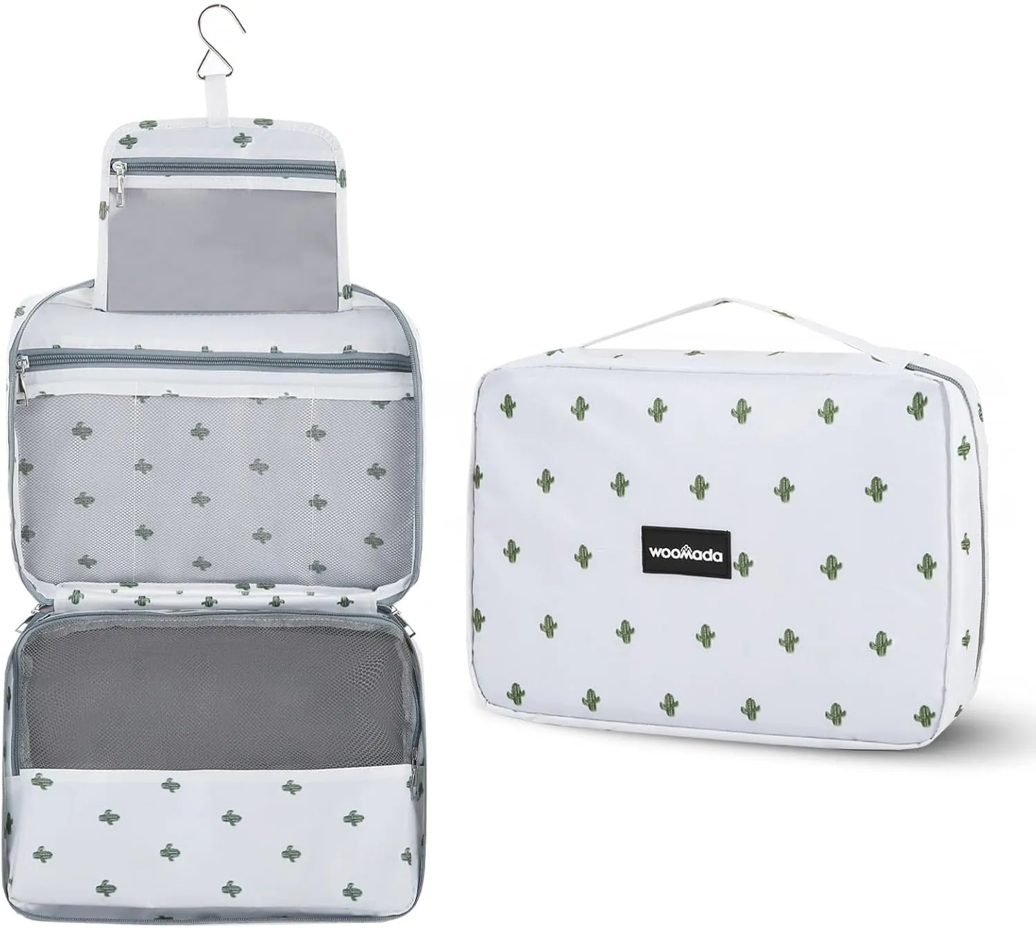 WOOMADA Toiletry Bag with Hanging Hook, Travel Toiletry Bag, Travel Makeup Bag, Cosmetic Organizer for Brushes Set, Shampoo, Full Sized Container for Women (cactus)