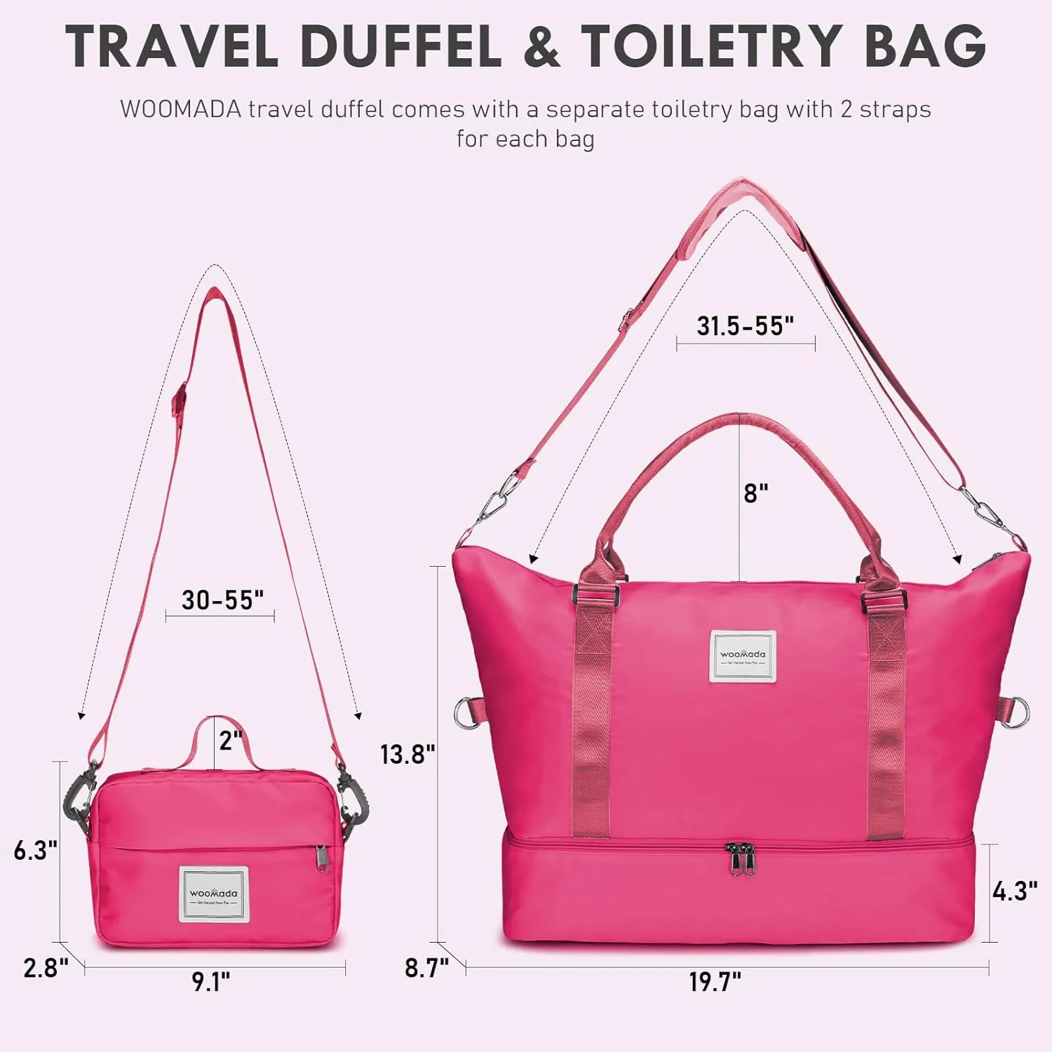 WOOMADA Weekender Bag for Women,Travel Carry On Bag with Shoe Compartment, Hospital Mom Bag for Labor and Delivery, Overnight Travel Duffle Bag with Toiletry Bag(hot pink)
