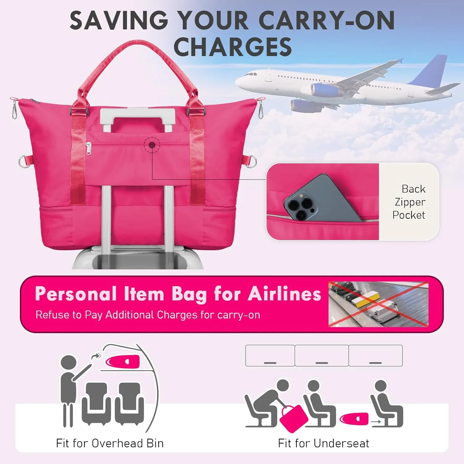 WOOMADA Weekender Bag for Women,Travel Carry On Bag with Shoe Compartment, Hospital Mom Bag for Labor and Delivery, Overnight Travel Duffle Bag with Toiletry Bag(hot pink)