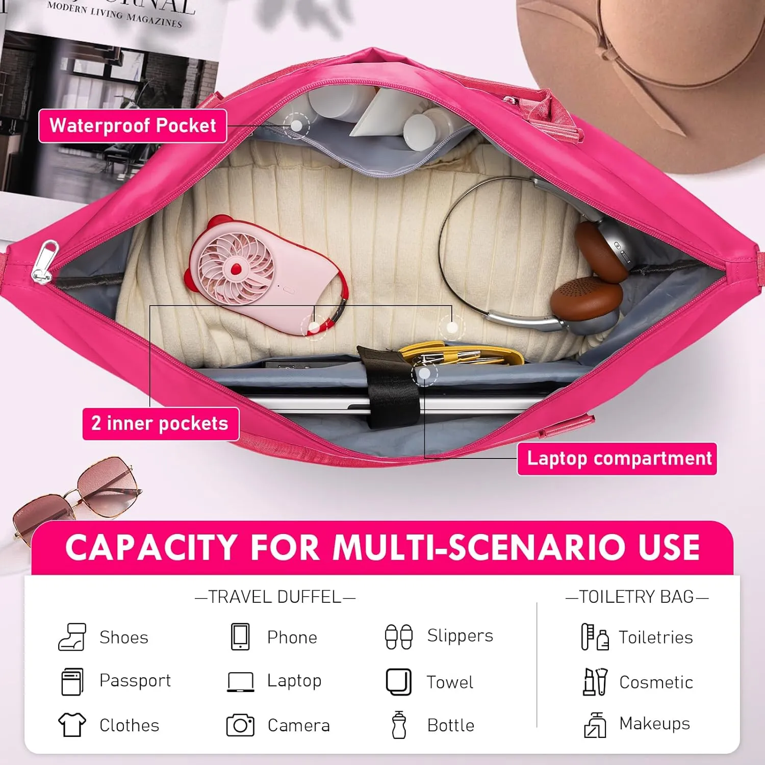 WOOMADA Weekender Bag for Women,Travel Carry On Bag with Shoe Compartment, Hospital Mom Bag for Labor and Delivery, Overnight Travel Duffle Bag with Toiletry Bag(hot pink)