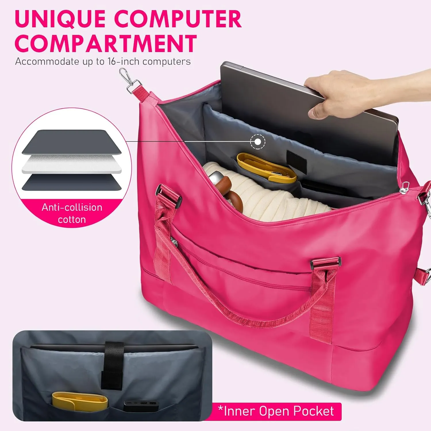 WOOMADA Weekender Bag for Women,Travel Carry On Bag with Shoe Compartment, Hospital Mom Bag for Labor and Delivery, Overnight Travel Duffle Bag with Toiletry Bag(hot pink)