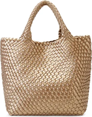 Woven Bag for Women, Vegan Leather Tote Bag Large Summer Beach Travel Handbag and Purse Retro Handmade Shoulder Bag