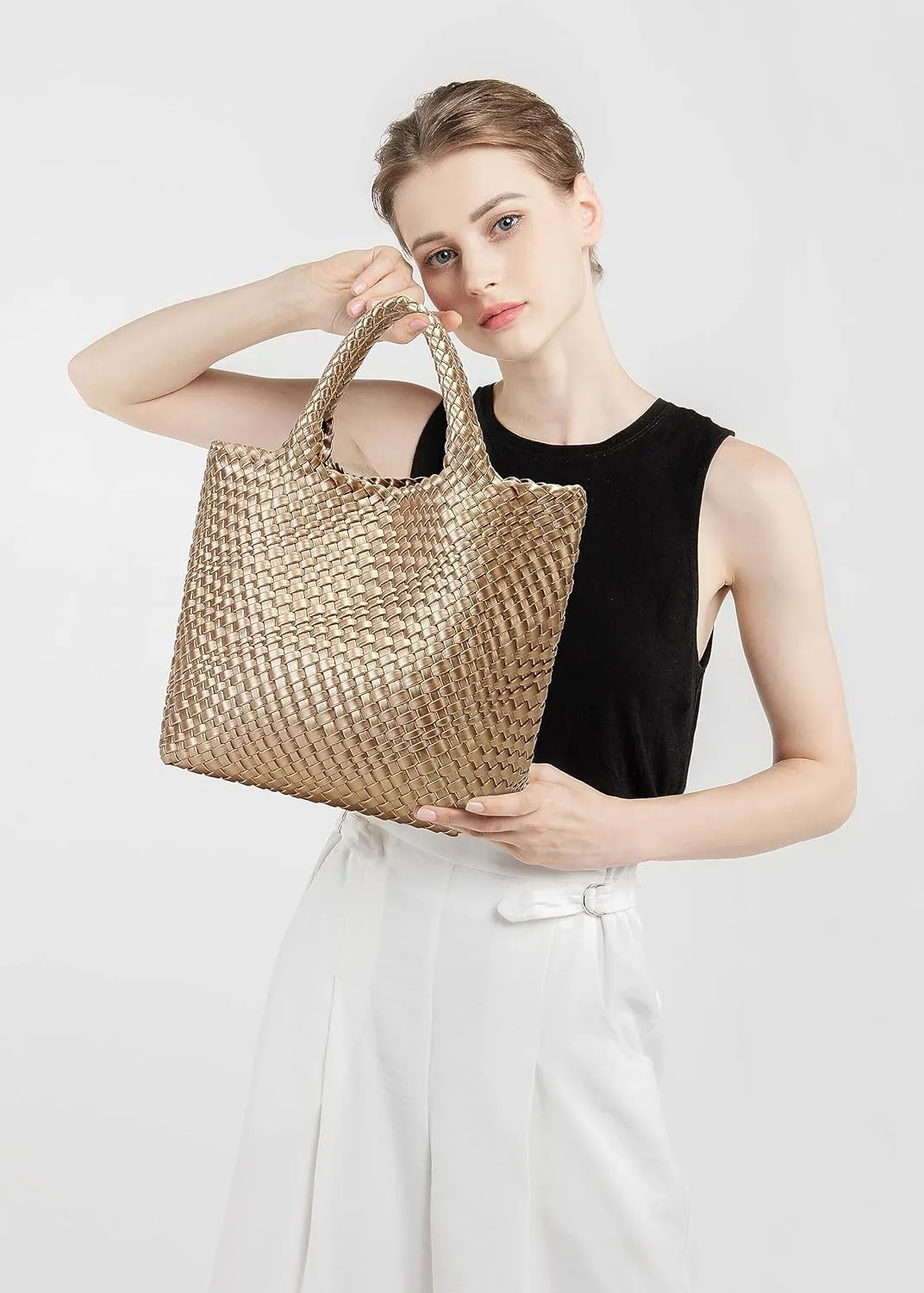 Woven Bag for Women, Vegan Leather Tote Bag Large Summer Beach Travel Handbag and Purse Retro Handmade Shoulder Bag