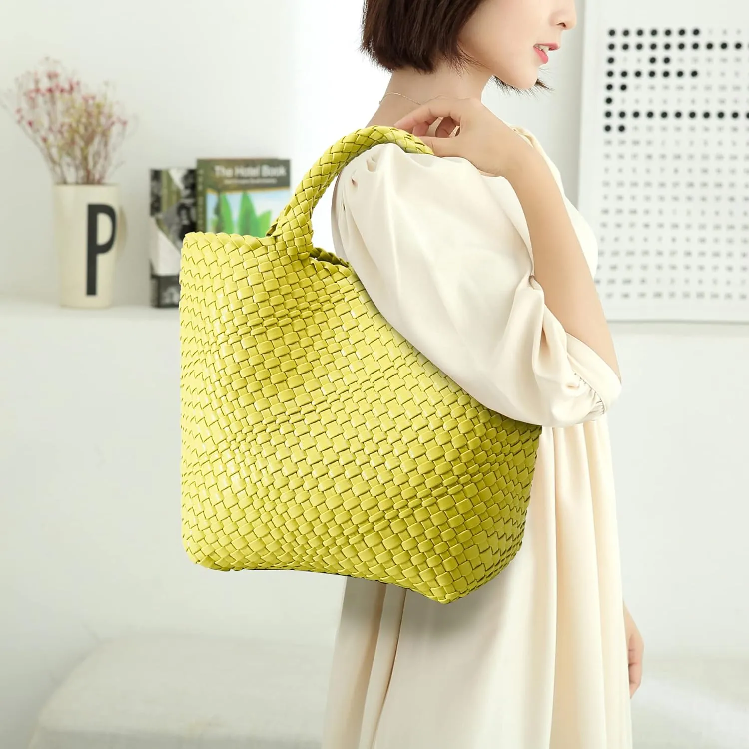 Woven Bag for Women, Vegan Leather Tote Bag Large Summer Beach Travel Handbag and Purse Retro Handmade Shoulder Bag