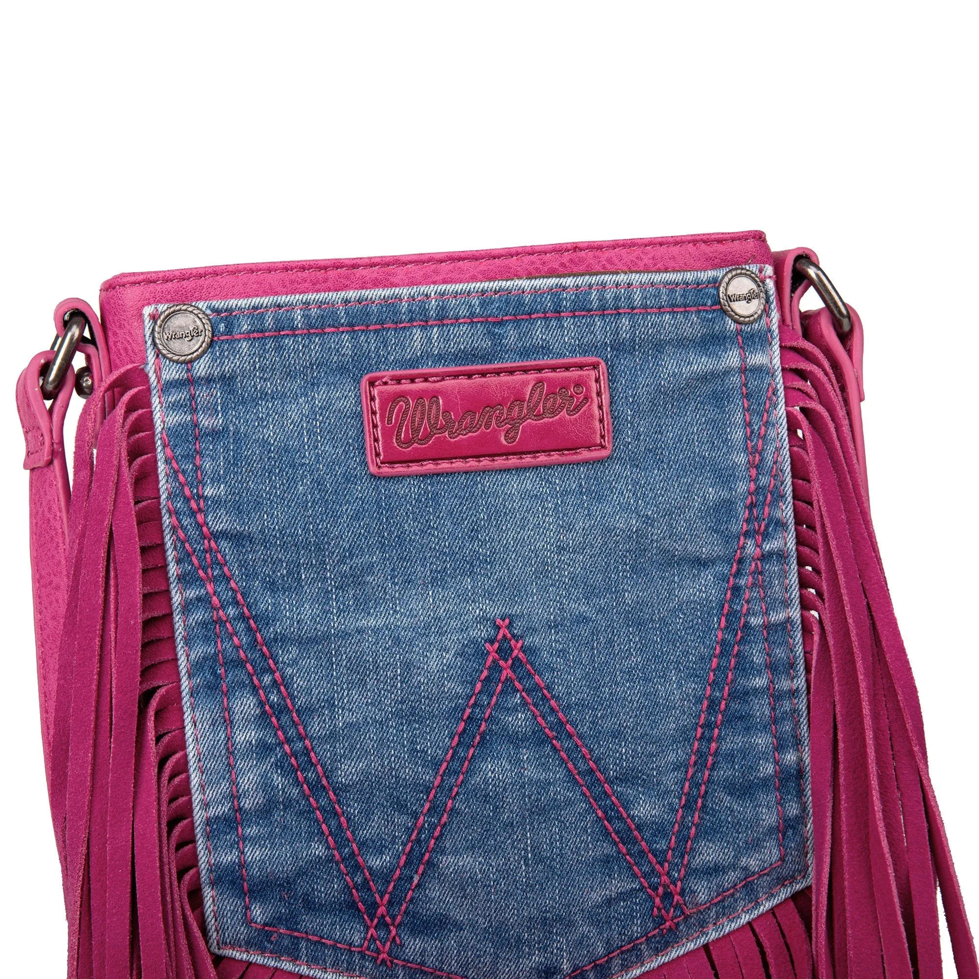Wrangler Leather Fringe Jean Denim Pocket Crossbody Bag