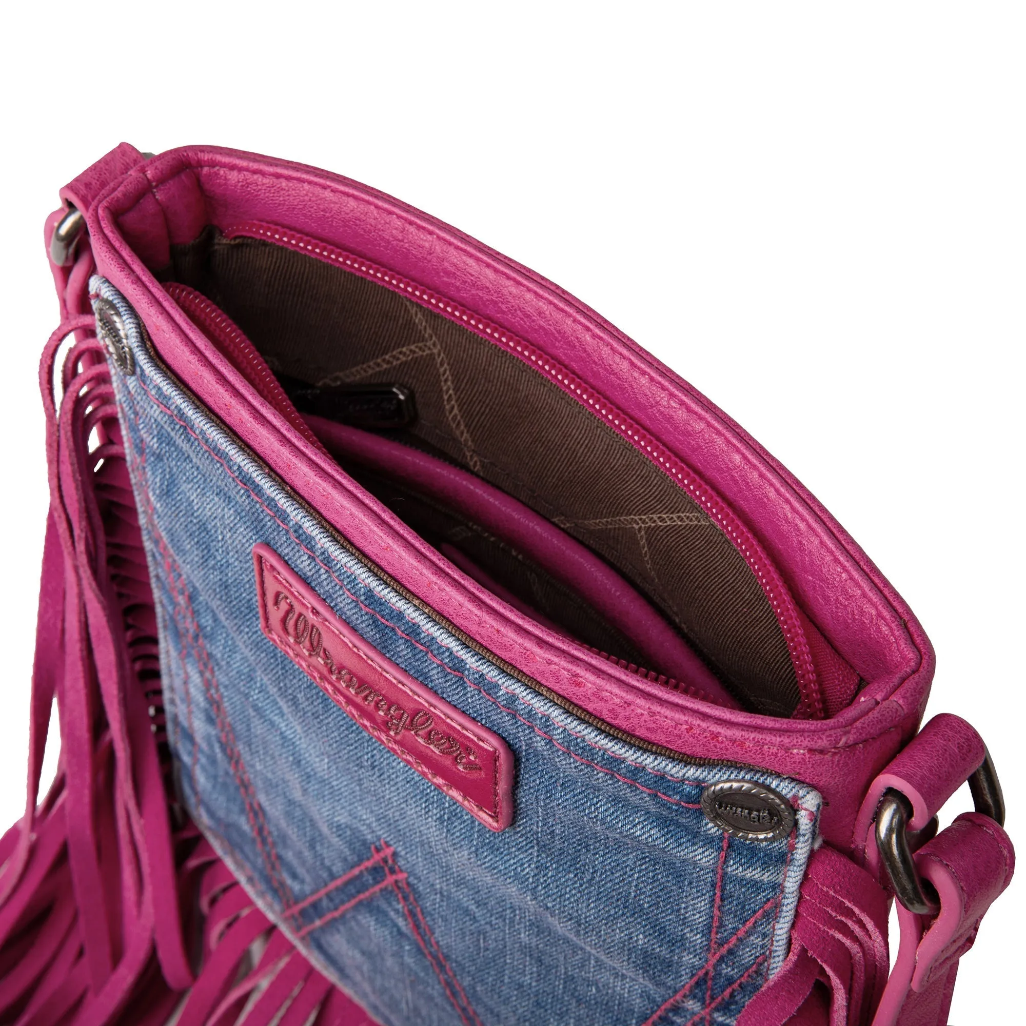 Wrangler Leather Fringe Jean Denim Pocket Crossbody Bag