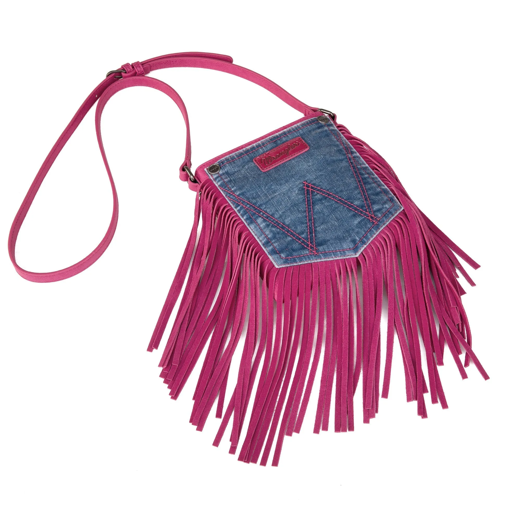 Wrangler Leather Fringe Jean Denim Pocket Crossbody Bag