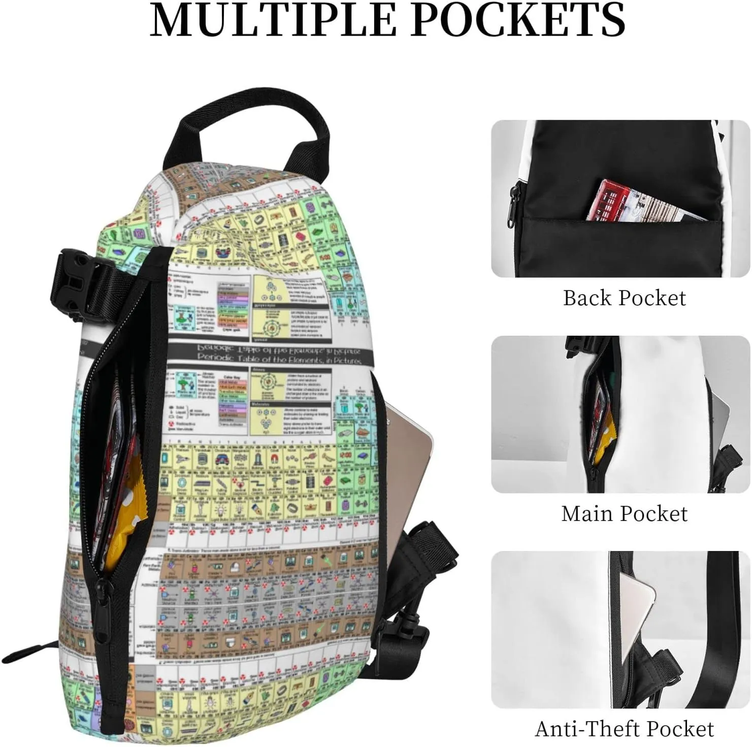 Wurton Periodic Table Of Elements Print Travel Crossbody Backpack Bag,Lightweight Sling Bag For Travel Unisex