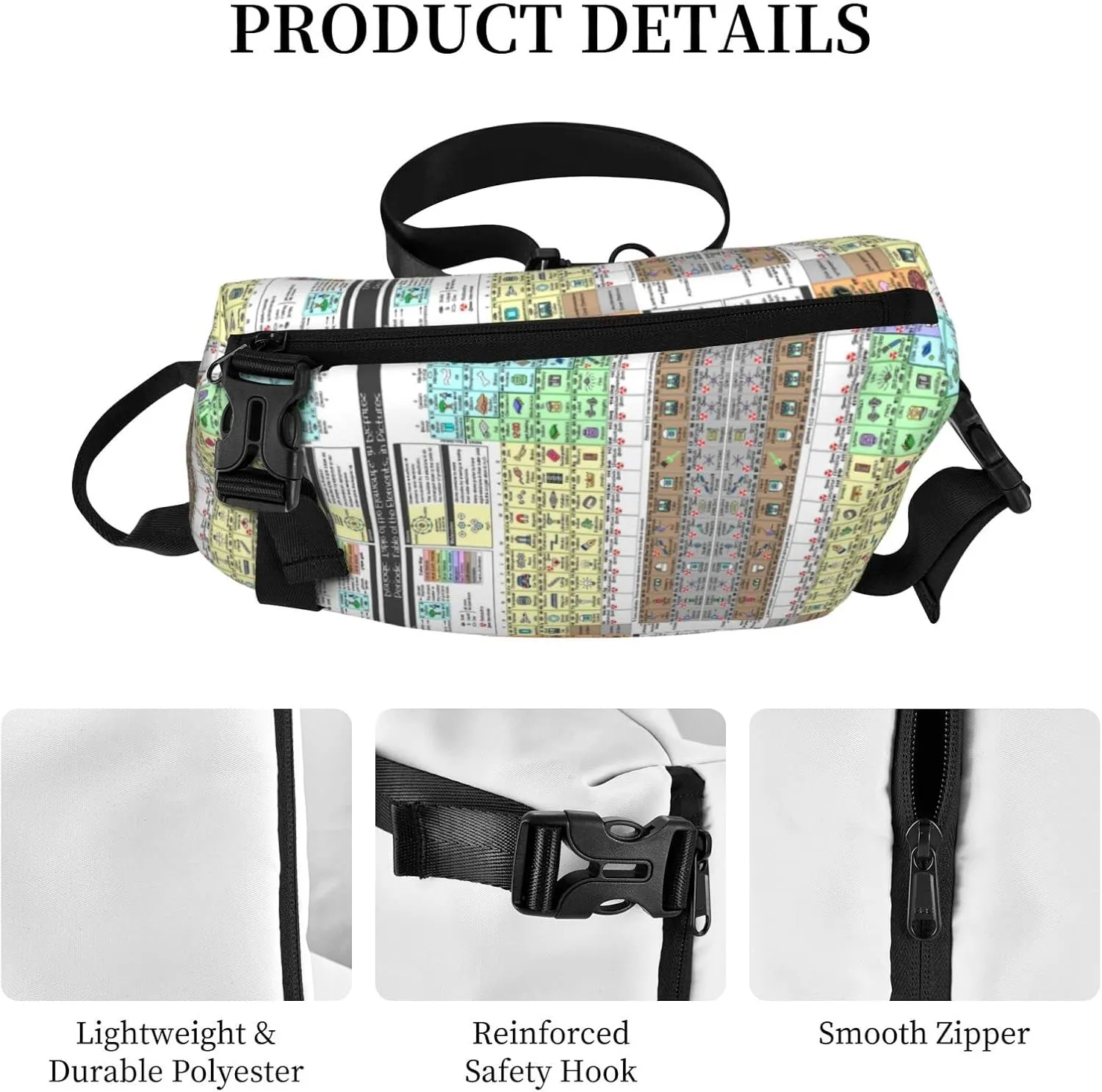 Wurton Periodic Table Of Elements Print Travel Crossbody Backpack Bag,Lightweight Sling Bag For Travel Unisex