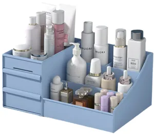 XIOU Makeup Desk Organizer with Drawers - Countertop Organizer for Cosmetics, Vanity Holder for Lipstick, Brushes, Lotions, Eyeshadow, Nail Polish and Jewelry (Blue)