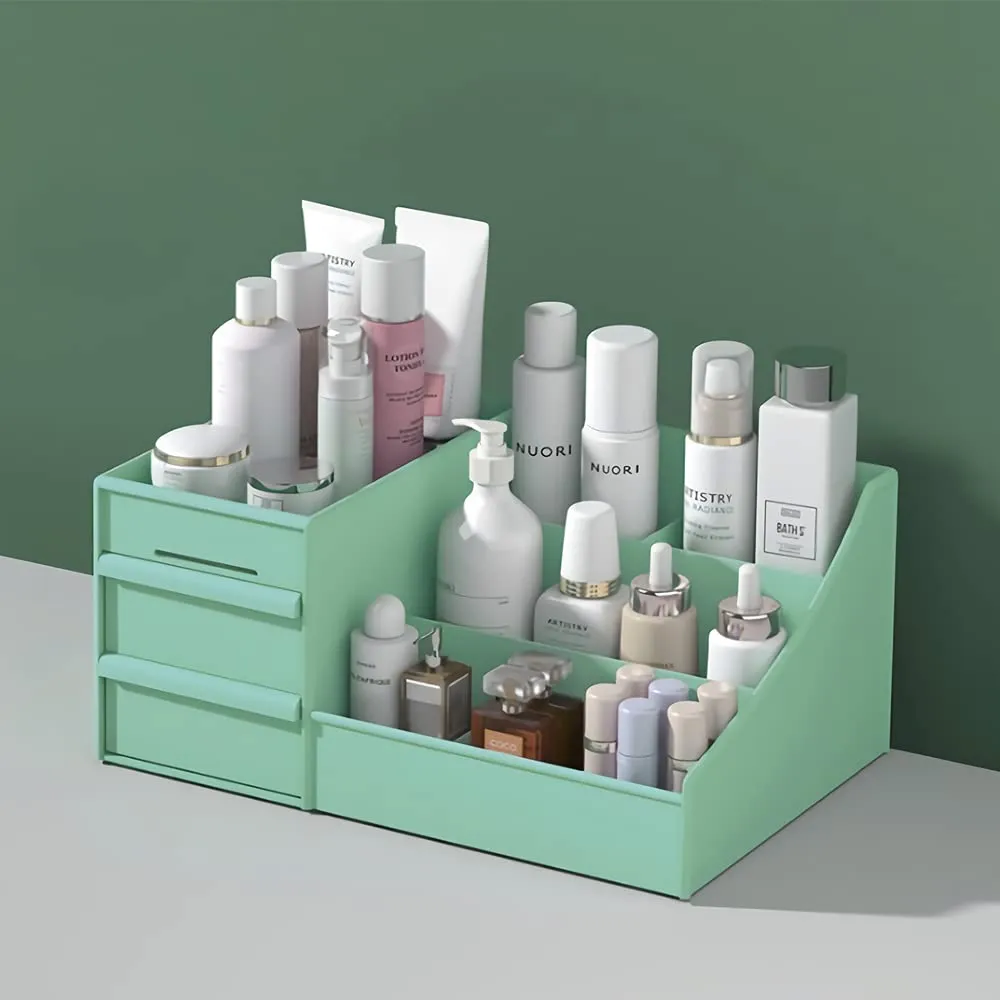 XIOU Makeup Desk Organizer with Drawers - Countertop Organizer for Cosmetics, Vanity Holder for Lipstick, Brushes, Lotions, Eyeshadow, Nail Polish and Jewelry (Blue)