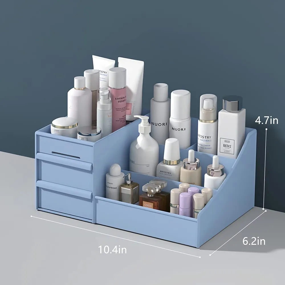 XIOU Makeup Desk Organizer with Drawers - Countertop Organizer for Cosmetics, Vanity Holder for Lipstick, Brushes, Lotions, Eyeshadow, Nail Polish and Jewelry (Blue)