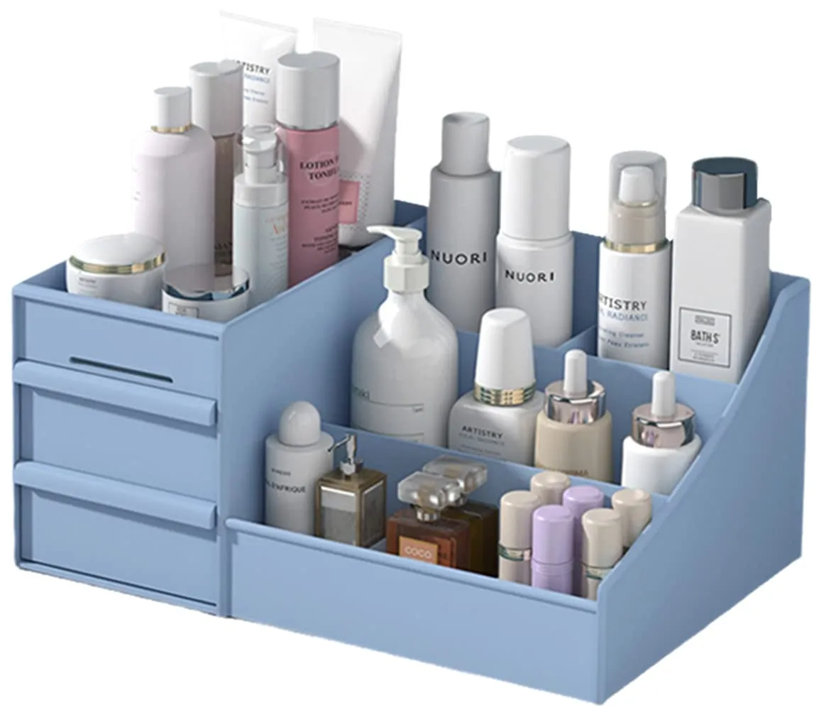 XIOU Makeup Desk Organizer with Drawers - Countertop Organizer for Cosmetics, Vanity Holder for Lipstick, Brushes, Lotions, Eyeshadow, Nail Polish and Jewelry (Blue)