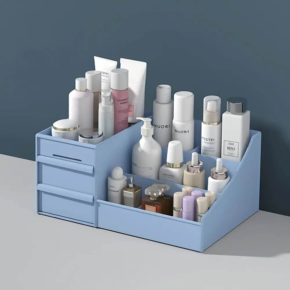 XIOU Makeup Desk Organizer with Drawers - Countertop Organizer for Cosmetics, Vanity Holder for Lipstick, Brushes, Lotions, Eyeshadow, Nail Polish and Jewelry (Blue)
