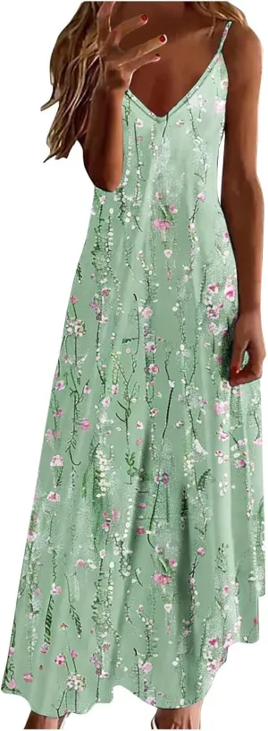 XUNRYAN 2025 Summer Dresses for Women Vacation Floral Dress Spaghetti Strap V-Neck Maxi Dress Casual Sundress Beach Outfit