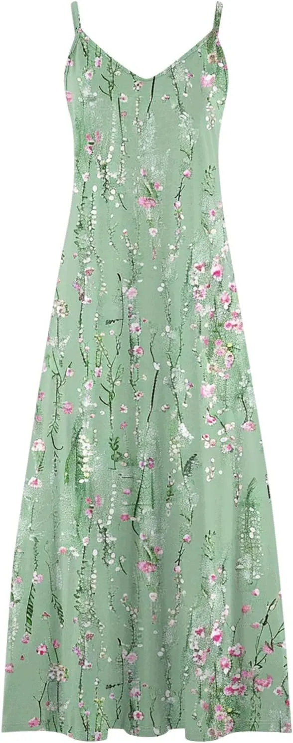 XUNRYAN 2025 Summer Dresses for Women Vacation Floral Dress Spaghetti Strap V-Neck Maxi Dress Casual Sundress Beach Outfit