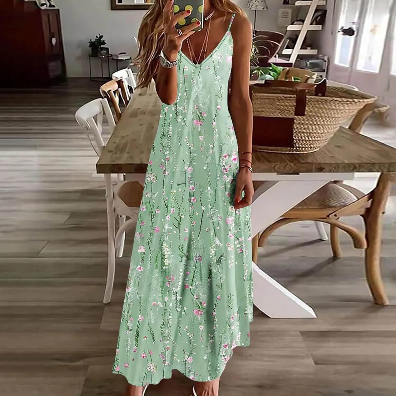 XUNRYAN 2025 Summer Dresses for Women Vacation Floral Dress Spaghetti Strap V-Neck Maxi Dress Casual Sundress Beach Outfit