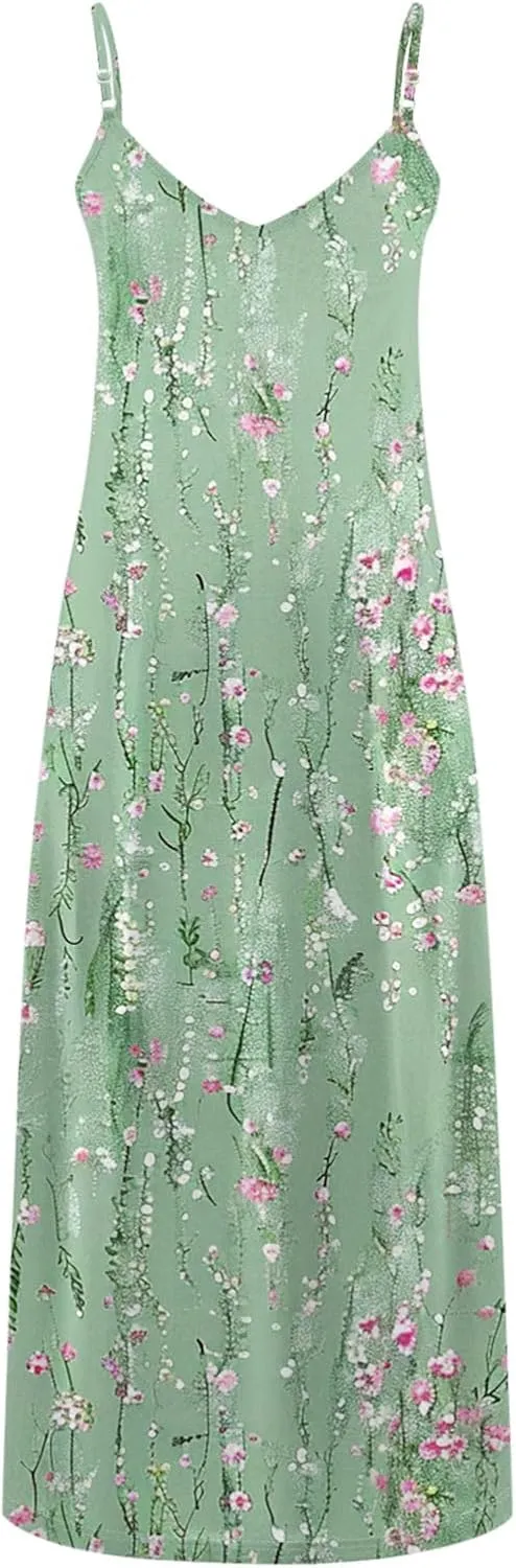 XUNRYAN 2025 Summer Dresses for Women Vacation Floral Dress Spaghetti Strap V-Neck Maxi Dress Casual Sundress Beach Outfit