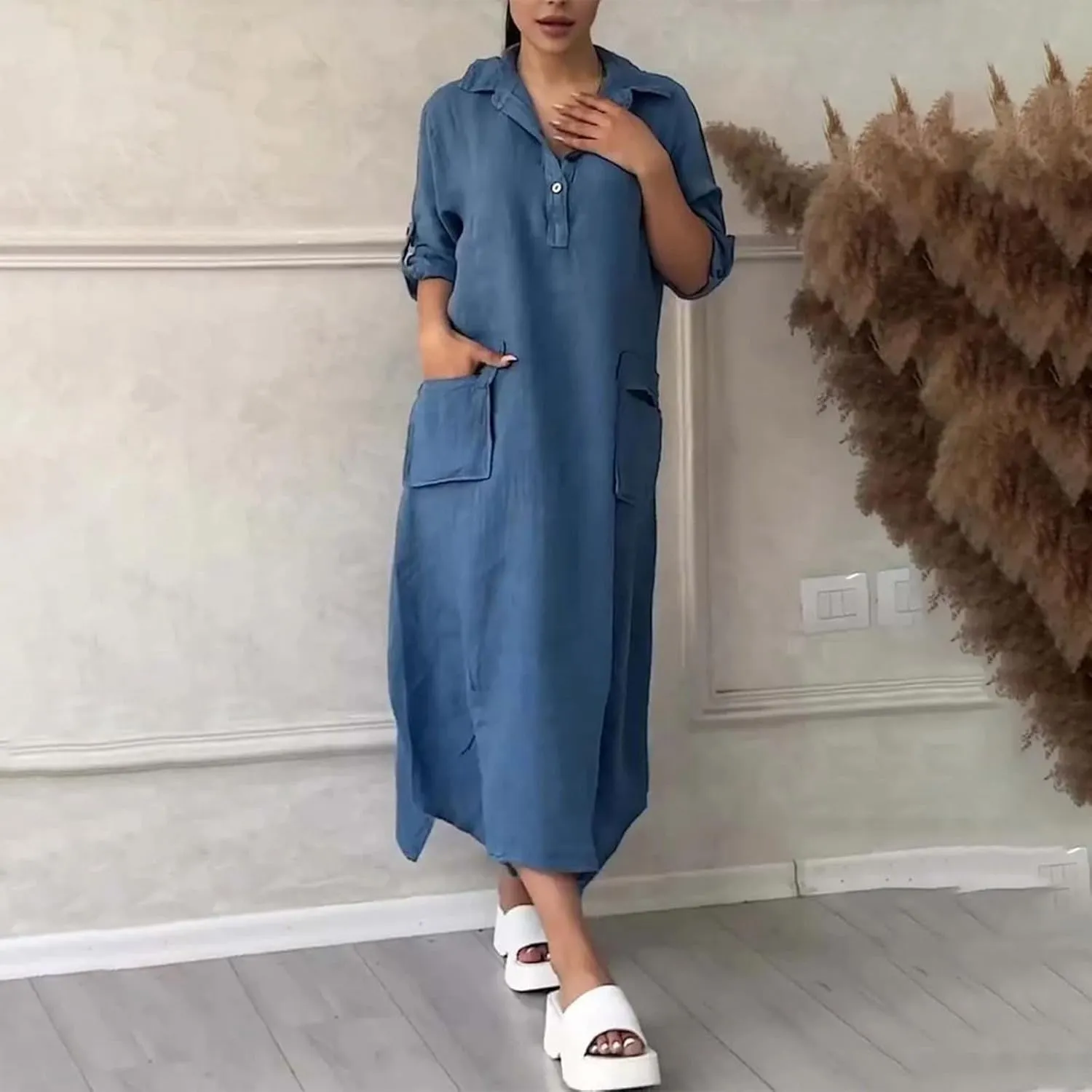 XUNRYAN Womens Summer Casual Cotton Linen Shirt Dress Roll Up Long Sleeve Maxi Dresses Beach Sundress Pockets Vacation Outfit