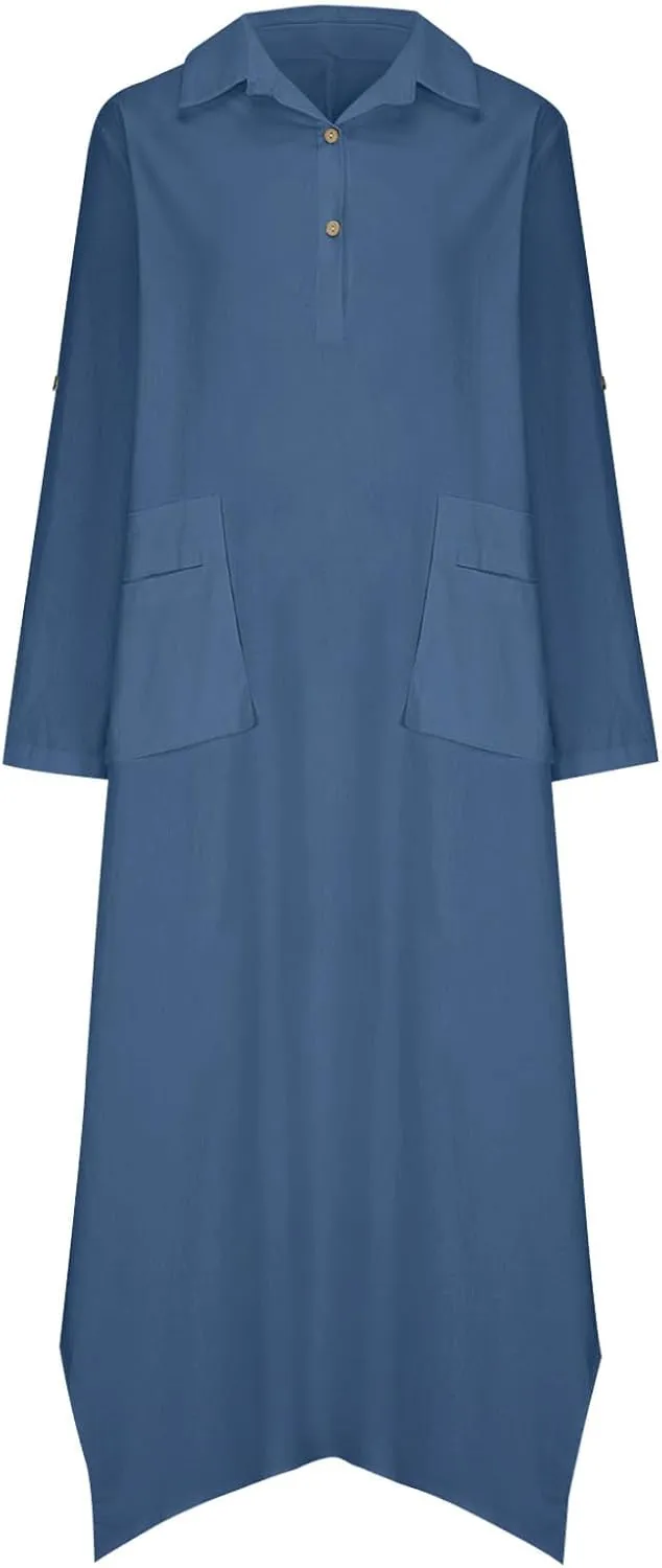 XUNRYAN Womens Summer Casual Cotton Linen Shirt Dress Roll Up Long Sleeve Maxi Dresses Beach Sundress Pockets Vacation Outfit