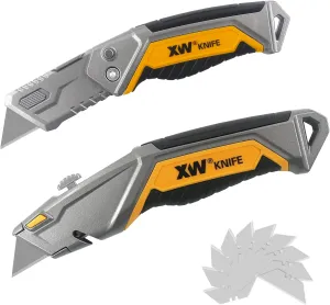 XW Utility Knife Set, Heavy Duty Zinc Alloy Retractable Box Cutter and Folding Utility Knife with Blade Storage Design, Total 18 PCS Blades Included, 2-Pack