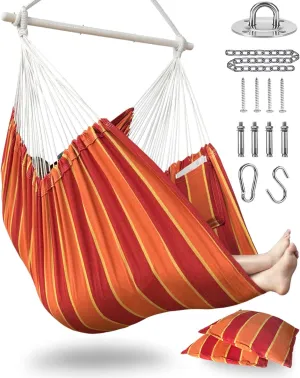 XXL Hammock Chair Hanging Rope Swing with 2 Cushions - Max 500lbs-Perfect for Patio, Porch, Bedroom, Backyard, Indoor or Outdoor - Includes Hanging Hardware Kits