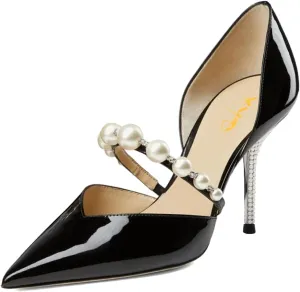 XYD Women D'Orsay Bridal High Heel Pumps Pointed Closed Toe Single Strap with Pearls Crystals Evening Party Wedding Shoes
