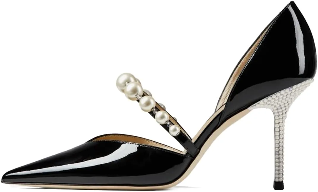 XYD Women D'Orsay Bridal High Heel Pumps Pointed Closed Toe Single Strap with Pearls Crystals Evening Party Wedding Shoes