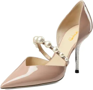 XYD Women D'Orsay Bridal High Heel Pumps Pointed Closed Toe Single Strap with Pearls Crystals Evening Party Wedding Shoes