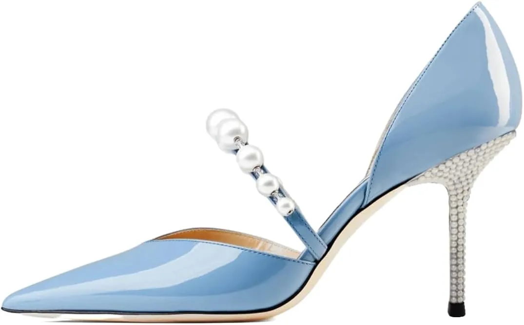 XYD Women D'Orsay Bridal High Heel Pumps Pointed Closed Toe Single Strap with Pearls Crystals Evening Party Wedding Shoes