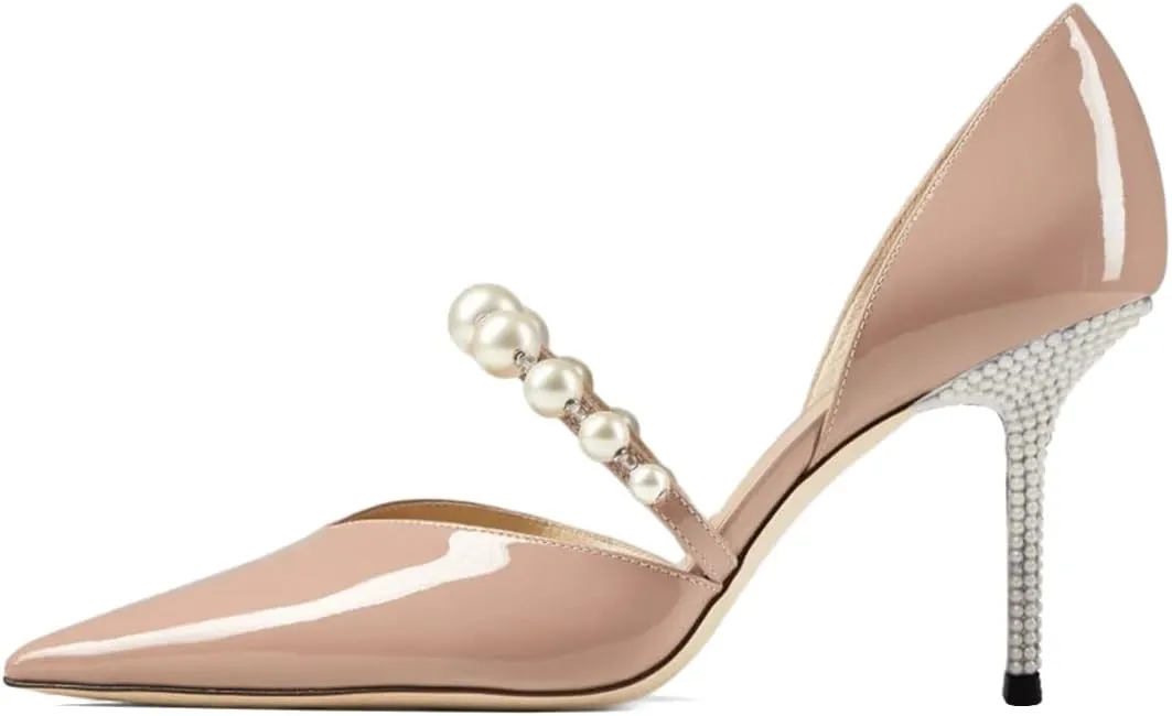 XYD Women D'Orsay Bridal High Heel Pumps Pointed Closed Toe Single Strap with Pearls Crystals Evening Party Wedding Shoes