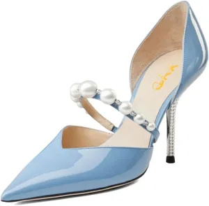 XYD Women D'Orsay Bridal High Heel Pumps Pointed Closed Toe Single Strap with Pearls Crystals Evening Party Wedding Shoes