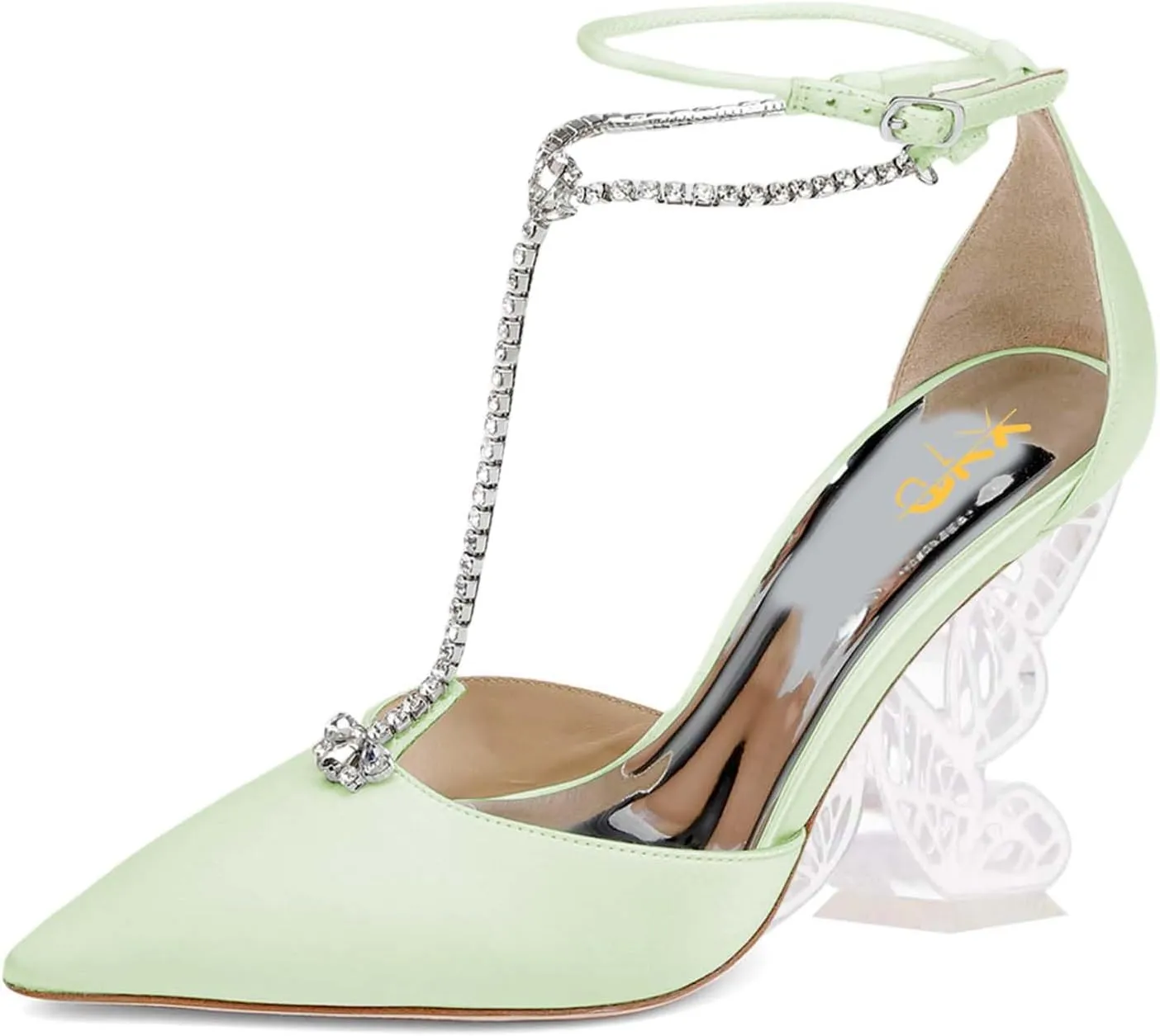 XYD Women Elegant Crystal T-Bar Pumps Pointed Toe Butterfly Block High Heels Ankle Strappy Party Shoes