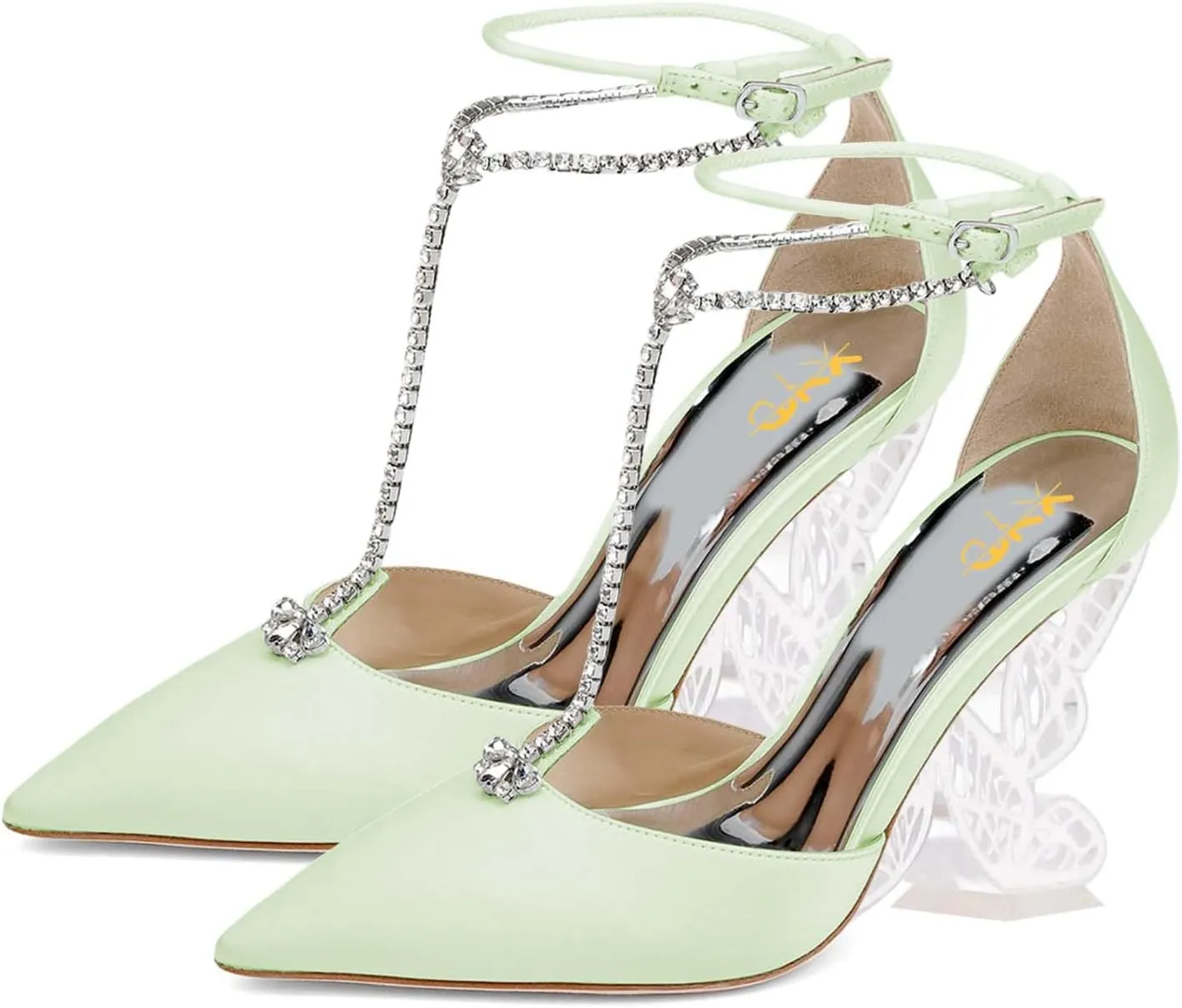 XYD Women Elegant Crystal T-Bar Pumps Pointed Toe Butterfly Block High Heels Ankle Strappy Party Shoes