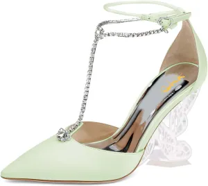 XYD Women Elegant Crystal T-Bar Pumps Pointed Toe Butterfly Block High Heels Ankle Strappy Party Shoes