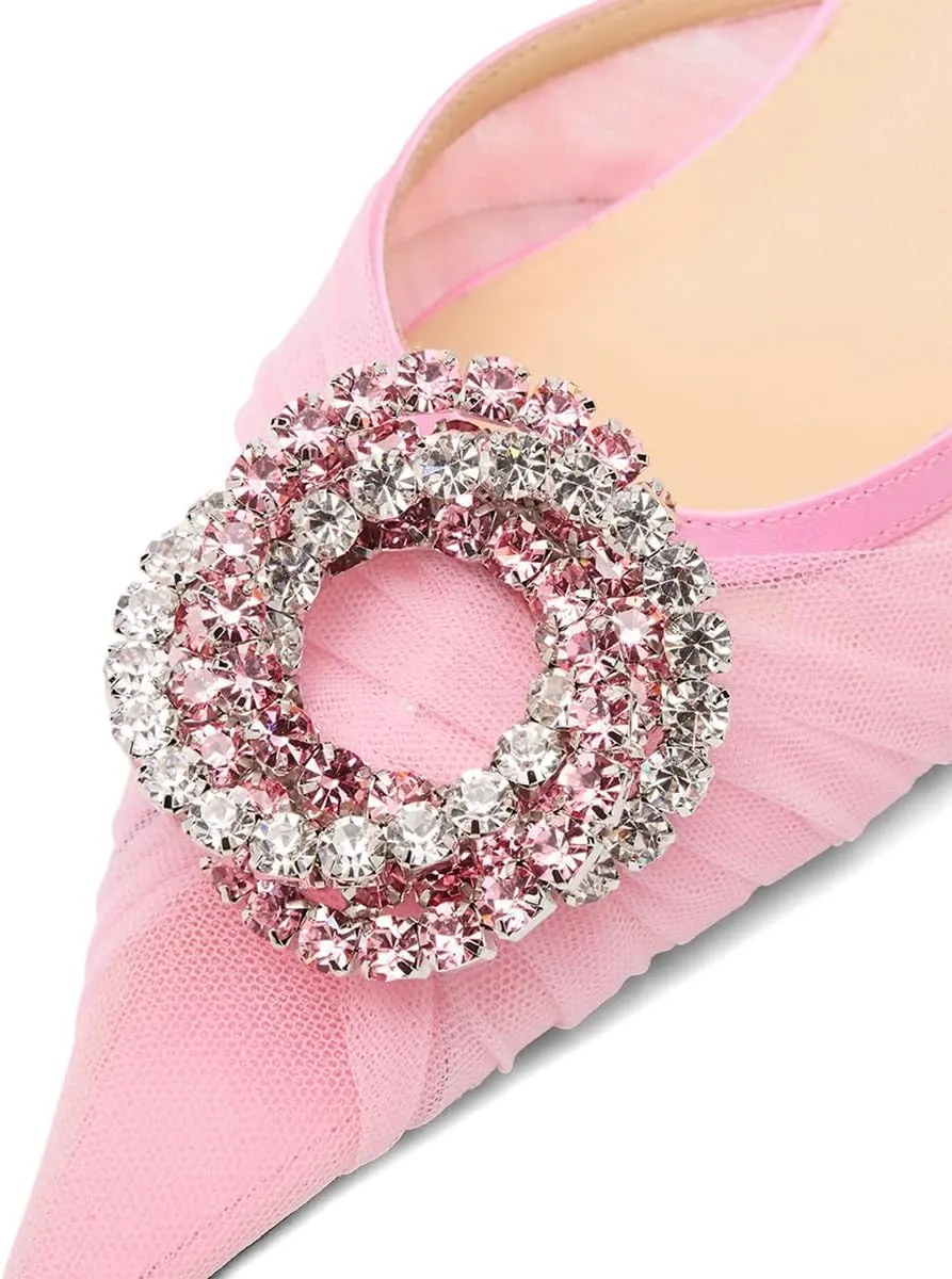 XYD Women Gauze Mesh Crystal Slingback Pumps Pointed Toe Elegant Low Heels Evening Wedding Party Shoes