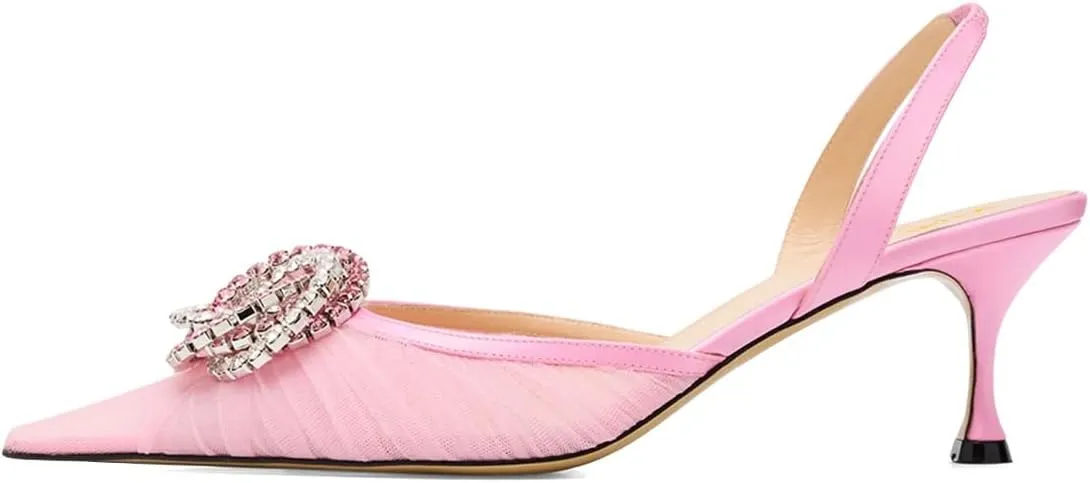 XYD Women Gauze Mesh Crystal Slingback Pumps Pointed Toe Elegant Low Heels Evening Wedding Party Shoes
