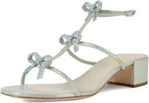 XYD Women Gladiator Rhinestone Crystals Block Chunky Heels Open Toe Sandals Crossover Strap Bow Knots Cutout Party Evening Date Shoes