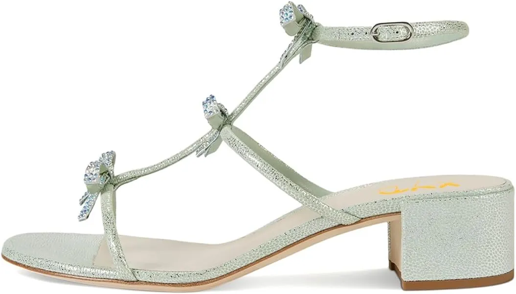 XYD Women Gladiator Rhinestone Crystals Block Chunky Heels Open Toe Sandals Crossover Strap Bow Knots Cutout Party Evening Date Shoes