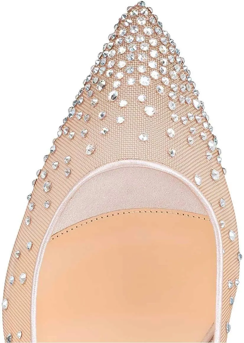 XYD Women Mid Low Heels Pumps Sheer Mesh Crystal Studs Closed Pointed Toe Sexy Bridal Party Mother Shoes