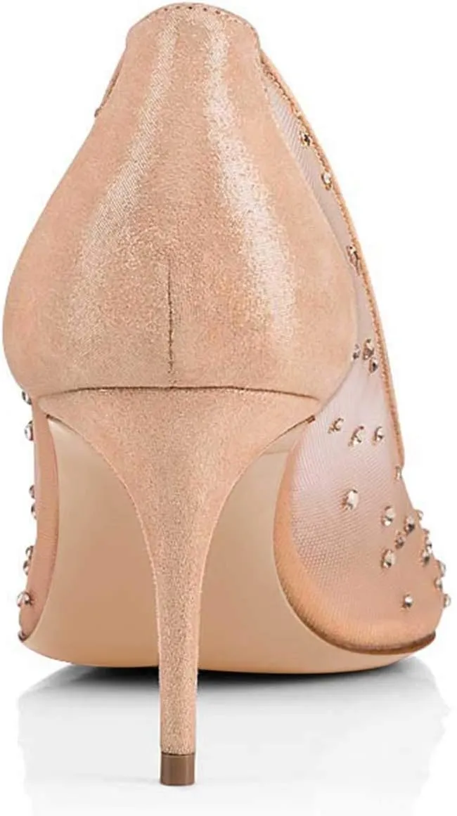 XYD Women Mid Low Heels Pumps Sheer Mesh Crystal Studs Closed Pointed Toe Sexy Bridal Party Mother Shoes
